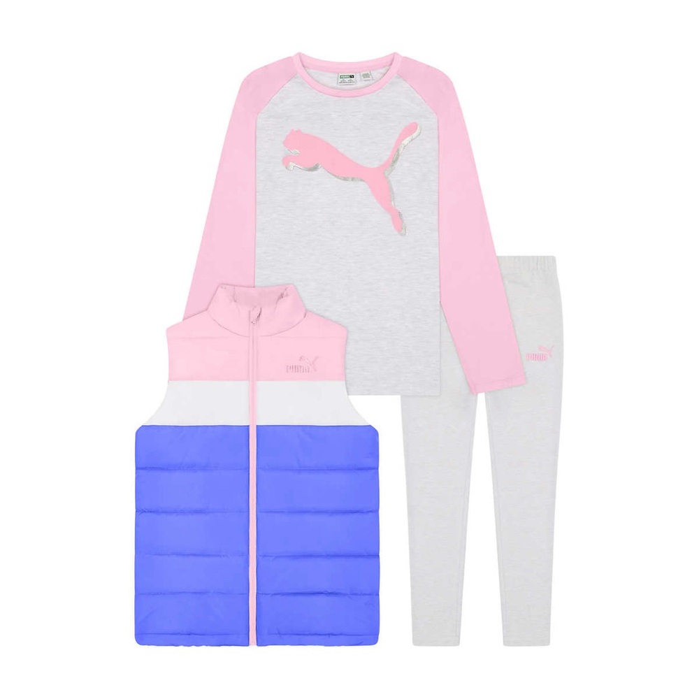 NwT PUMA Youth 3-pcs Vest Set Girl shirt leggings XS 5/6 or M 10/12 purple pink